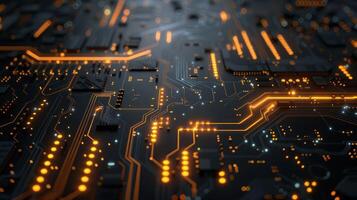 A close-up view of a circuit board with glowing components and intricate pathways. photo