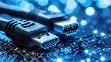 Close-up of USB cables on a circuit board background, highlighting technology and connectivity. photo