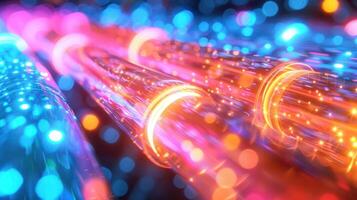 Abstract representation of vibrant light trails and energy flow in a digital space. photo