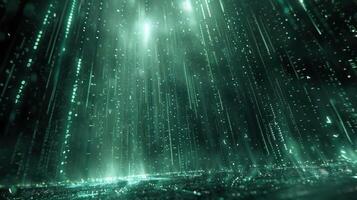 A digital landscape filled with cascading green binary code, evoking a futuristic atmosphere. photo