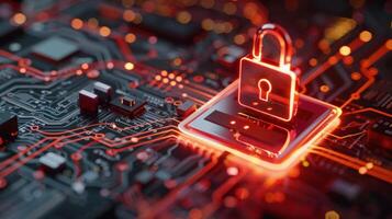 A digital lock symbol over a circuit board, representing cybersecurity and data protection. photo