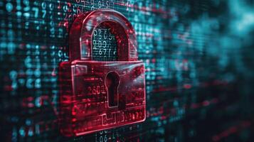 A digital padlock symbolizing cybersecurity and data protection on a binary background. photo