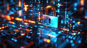 A digital lock symbolizes security within a network of glowing data connections. photo