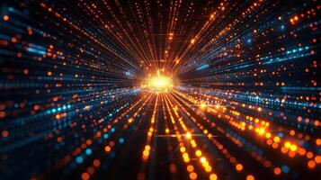 A vibrant digital tunnel of glowing particles representing data flow and technology. photo