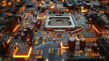 A close-up of a circuit board with glowing components, showcasing technology and design. photo