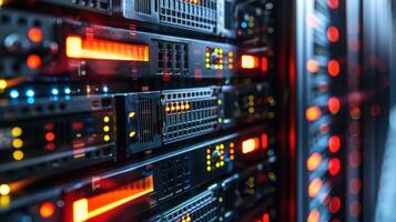 A close-up of server racks with illuminated indicators, showcasing data processing technology. photo