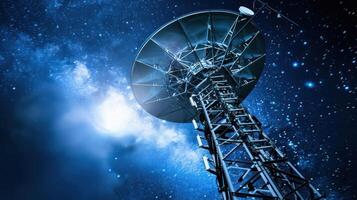 A satellite dish towers against a starry sky, symbolizing communication and exploration. photo
