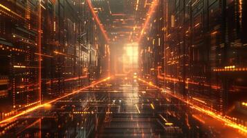A futuristic corridor filled with glowing lines and digital elements. photo