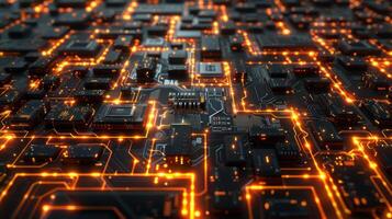A close-up view of a circuit board with glowing connections and components. photo