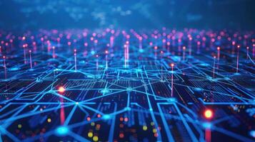 Abstract digital network with glowing nodes and connections representing technology and data. photo