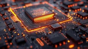 A close-up view of a circuit board with glowing components, showcasing technology's intricacies. photo