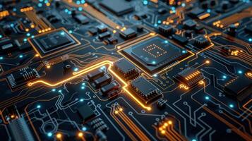 Close-up view of a complex electronic circuit board with glowing connections. photo