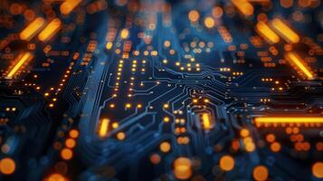 A close-up view of a circuit board with glowing lights and intricate pathways. photo