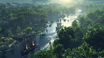 A serene river scene with ships navigating through lush greenery at sunrise. photo