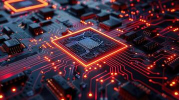 A close-up view of a circuit board with glowing components, showcasing technology and design. photo