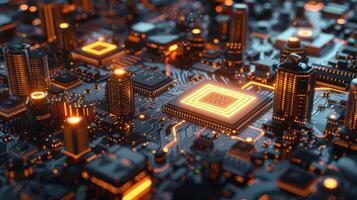 A close-up view of a futuristic circuit board with glowing components. photo