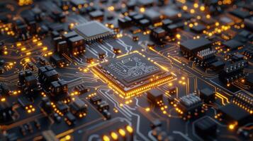 A close-up view of a circuit board with glowing components and intricate pathways. photo