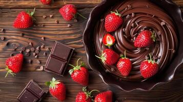 A bowl of chocolate ganache topped with fresh strawberries and chocolate pieces on a wooden table. photo