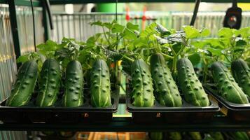 Fresh cucumbers growing in a hydroponic setup. photo