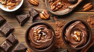 Two bowls of chocolate mousse topped with pecans, surrounded by chocolate pieces and cocoa powder. photo
