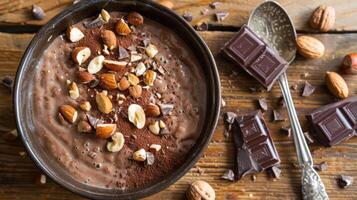 A bowl of chocolate mousse topped with nuts and cocoa powder, surrounded by chocolate pieces. photo