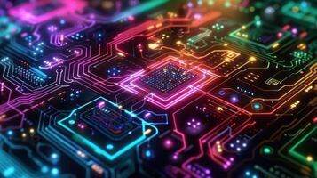 A vibrant, abstract representation of a circuit board with colorful connections and components. photo