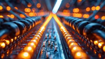 Close-up of illuminated circuit board with glowing lights and connectors, showcasing technology. photo