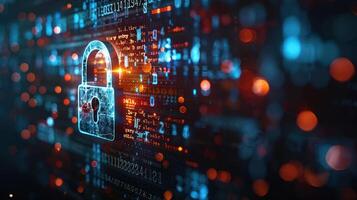 Digital lock symbol over a background of binary code and glowing data points. photo
