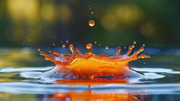 A vibrant splash of orange liquid creates a striking visual in a serene water setting. photo