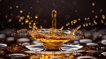 A close-up of a water droplet creating ripples and splashes in a golden liquid. photo