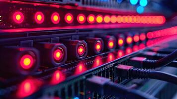 A close-up view of illuminated server equipment with red lights and connected cables. photo