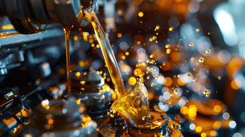 Close-up of oil being poured, creating splashes and reflections in an industrial setting. photo