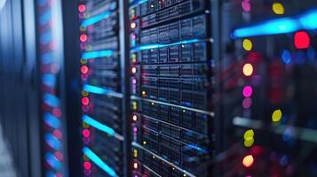 A close-up view of a server rack with colorful lights, indicating operational status. photo