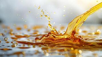 A splash of golden liquid creating dynamic patterns in a reflective surface. photo