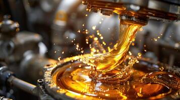 Viscous fluid flows from machinery, creating splashes and reflections in a dynamic industrial setting. photo
