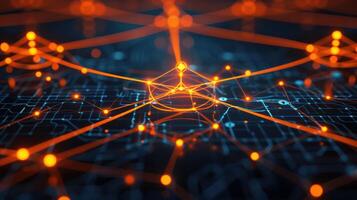 Abstract digital network with glowing nodes and connections on a dark background. photo