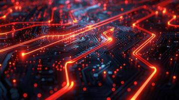 A close-up view of a circuit board with glowing lines and lights, representing technology. photo