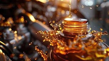 Close-up of oil pouring into an engine, showcasing fluid dynamics and machinery. photo