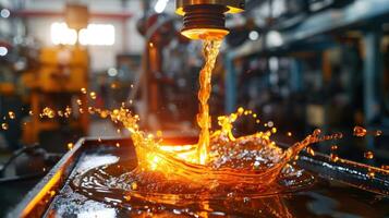 A stream of liquid metal splashes into a container, highlighting industrial processes. photo