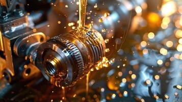 Close-up of a mechanical component with oil splashing, showcasing industrial machinery in action. photo
