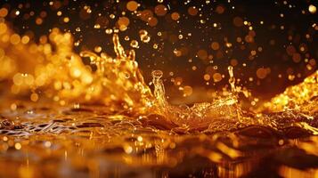 A close-up of splashing golden liquid creating dynamic patterns and bokeh effects. photo