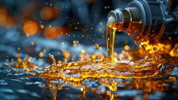 Liquid flowing from a nozzle, creating splashes and reflections in a dynamic scene. photo