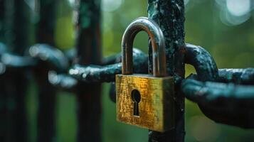 A close-up of a padlock attached to a chain link fence, symbolizing security and restriction. photo