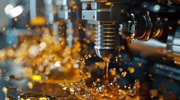 Close-up of machinery dispensing liquid, showcasing industrial processes and fluid dynamics. photo