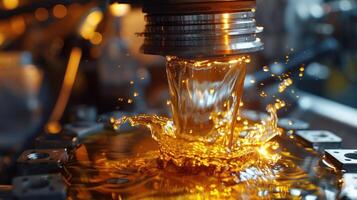Close-up of liquid splashing from a machine, highlighting industrial processes. photo