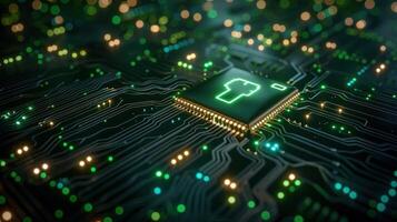 A close-up view of a microchip on a circuit board with glowing lights. photo