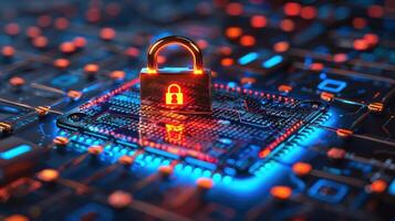 A digital lock on a circuit board, symbolizing cybersecurity and data protection. photo