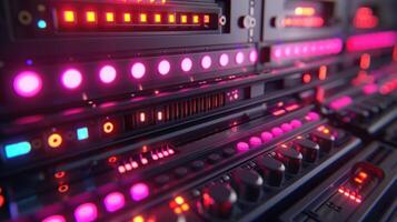 A close-up view of a high-tech control panel with vibrant lights and buttons. photo
