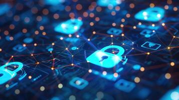 A digital network featuring glowing padlocks, symbolizing cybersecurity and data protection. photo