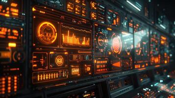 Futuristic control panel with glowing orange displays and data visualizations. photo